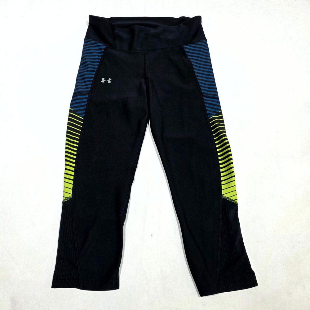 Under Armour Capri Leggings Womens S Black Blue Green Striped HeatGear Tights